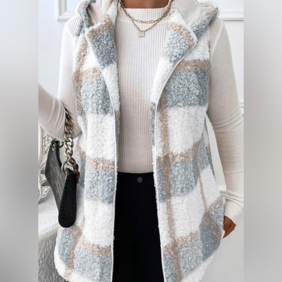 Fuzzy Plush Plus size Plaid Teddy Vest Coat with hood - Picture 1 of 3